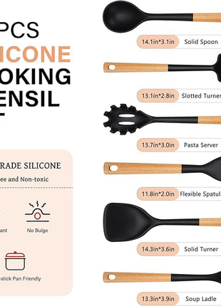 Silicone Cooking Utensils Set, Heat Resistance Large Kitchen Utensils Set with Long Wooden Handle, BPA-free Silicone Spatula, 6 Pcs Cooking Spoons for Non Stick Frying Pans and Pots（Black）