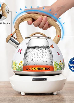 Tea Kettle, Toptier Teapot Whistling Kettle with Wood Pattern Handle Loud Whistle, Food Grade Stainless Steel Tea Pot for Stovetops Induction Water Kettle, 2.7-Quart Butterfly