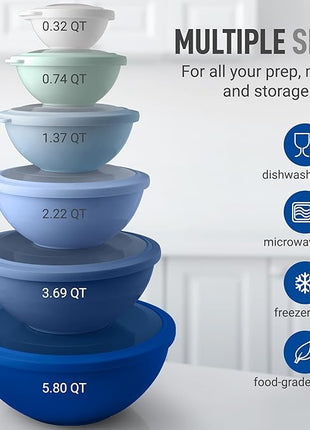 Zulay Kitchen 12 Piece Plastic Mixing Bowls with Leak-Proof Lids Set - Microwave and Freezer Safe Kitchen Mixing Bowls for Preparing, Serving and Storing - Large Nesting Bowls (Blue Ombre)