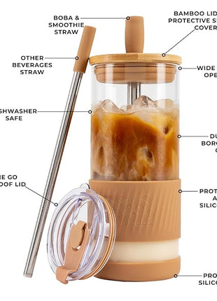 Pandaloo® Glass Cups With Lids and Straws -20 Fl Oz- Perfect Size Iced Coffee Cup - Smoothie Cup With Bamboo Lid and On the go Lid - Glass Tumbler With Straw (1 Count (Pack of 1), Amber Sand)