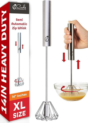 14 Inch Stainless Steel Hand Whisk - Durable & Easy to Use Push-Down Zip Whisker - Rotary Hand Mixer for Beating Eggs, Frothing Milk, Blending, Mixing, Whipping Smoothies & Shakes - Kitchen Tools