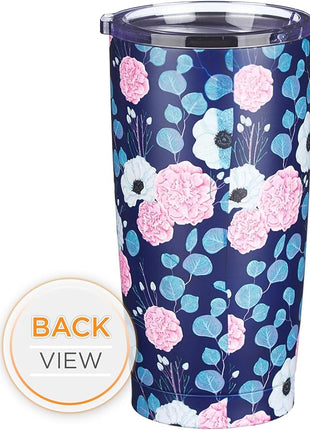 Christian Art Gifts Stainless Steel Double-Wall Vacuum Insulated Travel Mug 18 oz Navy Blue with Pink Floral Tumbler with Lid for Women with Inspirational Bible Verse - Be Still & Know -Psalm 46:10