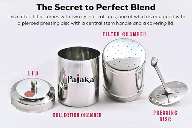 PAJAKA South Indian Filter Coffee Maker 2-4 Cup Mug Madras Kaapi Kappi Drip Decoction Maker Brewer Dripper Stainless Steel Medium Size (200 ML) | Pour Over Coffee Makers for Home & Kitchen