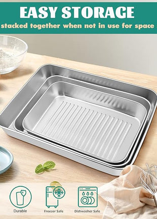 Baking Pans Set of 3, E-far Stainless Steel Sheet Cake Pan for Oven - 12.5/10.5/9.4Inch, Rectangle Textured Pan Tray Set for Lasagna Brownie Casserole Cookie, Non-toxic & Healthy, Dishwasher Safe