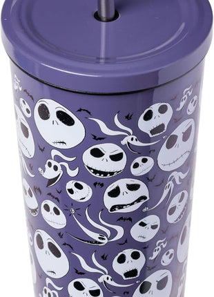 Silver Buffalo Disney Tim Burton's Nightmare Before Christmas Featuring Jack Skellington, Zero, and Bats Stainless Steel Tumbler with Straw and Cover Cap to Prevent From Spilling, 24 Ounces