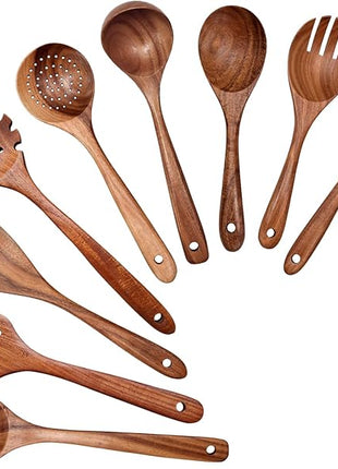 Wooden Spoons for Cooking 9 Pieces Set, TeakWooden Kitchen Utensil Set, Wooden Cooking Utensils Spoons, Spatulas, Heat-Resistant, Lightweight & Durable, Perfect for Non-Stick Cookware