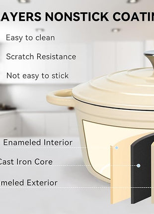 Miereirl 4.5 Quart Enameled Dutch Oven Pot with Lid, Cast Iron Dutch Oven with Dual Handles for Bread Baking, Cooking, Non-stick Enamel Coated Cookware (Beige)