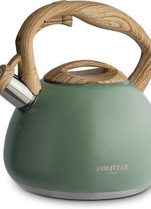 Poliviar Tea Kettle, 2.7 Quart Seaweed Green Finish with Wood Pattern Handle Loud Whistle Food Grade Stainless Steel Teapot, Anti-Hot Handle and Anti-Rust, Suitable for All Heat Sources (JX2020-SB30)