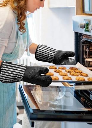Silicone Oven Mitts Heat Resistant 932℉ with Waterproof & Non-Slip Kitchen Mittens, Set of 2 Extra Long Oven Gloves with Soft Cotton Terry Lining for Baking Cooking Barbecue (2, Black Mitts)