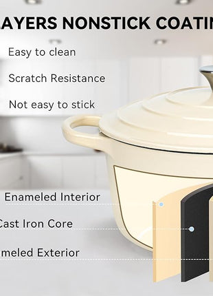 Miereirl 6 Quart Enameled Dutch Oven Pot with Lid, Cast Iron Dutch Oven with Dual Handles for Bread Baking, Cooking, Non-stick Enamel Coated Cookware (Beige)