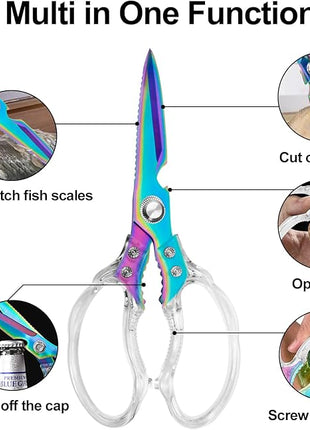 CGBE Kitchen Scissors, Multi-Purpose Kitchen Shears, Heavy Duty Dishwasher Safe Food Scissors for Chicken, Poultry, Fish, Meat & Herbs with Non-Slip Grips (Transparent Colorful)