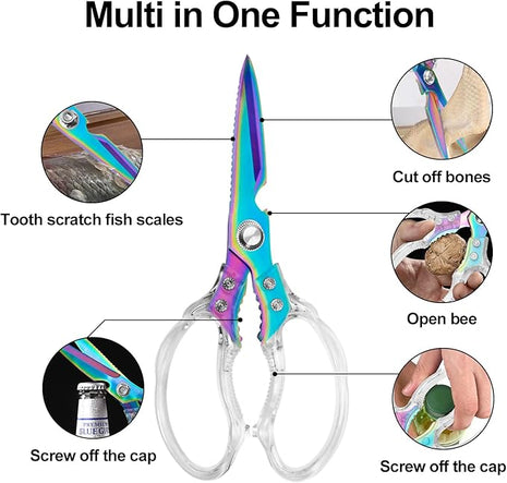 CGBE Kitchen Scissors, Multi-Purpose Kitchen Shears, Heavy Duty Dishwasher Safe Food Scissors for Chicken, Poultry, Fish, Meat & Herbs with Non-Slip Grips (Transparent Colorful)