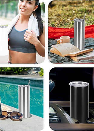12 Pack 20 Oz Straight Skinny Tumblers,Individually Gift Boxed Stainless Steel Slim Skinny Tumbler Set Bulk, 20 Oz Insulated Slim Thin Travel Tumbler Cup for Diy, Black