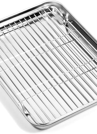 Baking Sheet with Cooling Rack (1 Cookie Sheet + 1 Baking Rack), Stainless Steel Small Baking Sheet Pan with Wire Rack, Toaster Oven Pans Size 10.4 x 8 x 1 Inch, Non-toxic & Heavy Duty & Non-stick