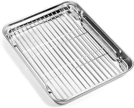 Baking Sheet with Cooling Rack (1 Cookie Sheet + 1 Baking Rack), Stainless Steel Small Baking Sheet Pan with Wire Rack, Toaster Oven Pans Size 10.4 x 8 x 1 Inch, Non-toxic & Heavy Duty & Non-stick