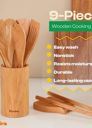 Riveira Cherry Wooden Spoons for Cooking Set of 9 – Natural Cherry Wooden Cooking Utensils, Wooden Spatula, Wooden Spoon - Premium Quality Wooden Utensil Set for Non-Toxic Cooking