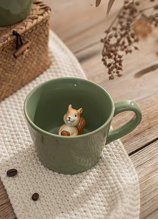DIHOclub Squirrel Ceramic Cup Hidden 3D Animal Inside Mug,Cute Cartoon Handmade Figurine Mugs,Holiday and Birthday Gift for Coffee Milk Tea Lovers,12 OZ(Light Green)