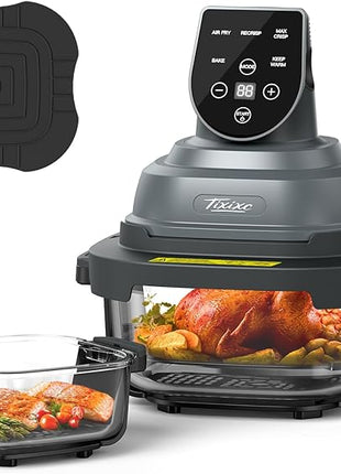 5-in-1 Portable Glass Air Fryer - 4QT & 6-Cup Non-Toxic Glass Containers with Lids, Silicone Mat, 1500W Small Air Fryer, 90% Less Oil, Dishwasher/Freezer Safe for Single Servings, Family Meals