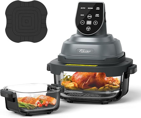 5-in-1 Portable Glass Air Fryer - 4QT & 6-Cup Non-Toxic Glass Containers with Lids, Silicone Mat, 1500W Small Air Fryer, 90% Less Oil, Dishwasher/Freezer Safe for Single Servings, Family Meals