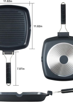 SKITCHN Nonstick Grill Pan With Folding Handle - Induction Compatible KBBQ Pan for Stove Tops, Indoor Square BBQ Grilling With Pour Spouts - 11 in