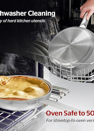 Sunhouse 10 Inch Tri-Ply Stainless Steel Frying Pan, Whole-Clad No Coatings Skillet with Stay-cool Handle for Cooking, Durable & Oven Safe to 500°F, Dishwasher Safe, Compatible with All Cooktops