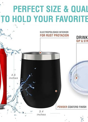 CHILLOUT LIFE 12 oz Stainless Steel Wine Tumbler with Lid - Double Wall Vacuum Insulated Wine Cup Glass Keeping Cold & Hot for Coffee, Champagne, Cocktails, Ice Cream - Powder Coated Black