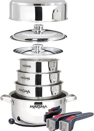 Magma 10 Piece Gourmet Nesting Stainless Steel Cookware Set, Induction Compatible, Oven Safe to 500°F - Suitable for All Stovetops, Removable Handles, Silver