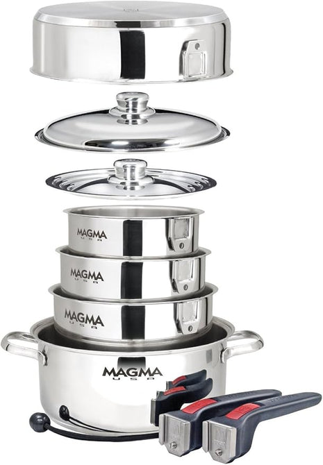 Magma 10 Piece Gourmet Nesting Stainless Steel Cookware Set, Induction Compatible, Oven Safe to 500°F - Suitable for All Stovetops, Removable Handles, Silver