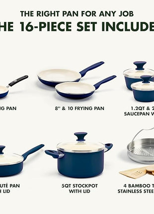 GreenPan Rio 16 Piece Cookware Set, PFOA and PFAS-Free, Healthy Ceramic Nonstick, Dishwasher Safe Easy Clean Durable Performance, Blue