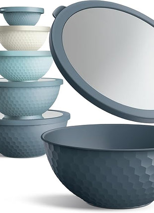 COOK WITH COLOR Mixing Bowls with Lids - 12 Piece Plastic Nesting Bowls Set includes 6 Prep Bowls and 6 Lids, Non Slip Bottom and Embossed Design - Microwave Safe (Blue)