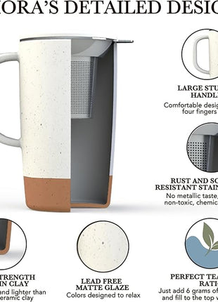 Mora Ceramics Large Tea Mug with Loose Leaf Infuser and Ceramic Lid, 18 oz, Portable, Microwave and Dishwasher Safe, Tall Coffee Cup - Rustic Matte Ceramic Glaze, Modern Herbal Tea Strainer, Cotton