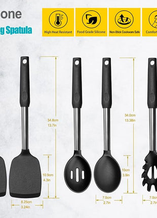 Silicone Spatula and Cooking Spoon,5 Pack Non-Stick Cooking Utensils for Kitchen，Heat Resistant Solid & Slotted Spoons and Spatulas, Stainless Steel Handle Coated with Silicone,Black