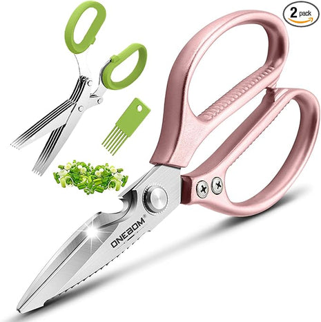 2 Pack ONEBOM Kitchen Shears,Kitchen Scissors Heavy Duty Serrated Blade for Cutting Meat, Food, Fish, Poultry Sharp Scissors, Apartment Kitchen Accessories,Gift Herb Scissor(Rose Glod)