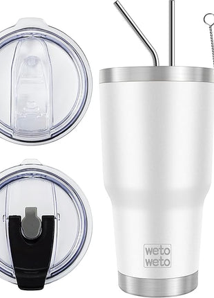 WETOWETO 30 oz Stainless Steel Tumbler, Insulated Coffee Tumbler Cup with 2 Lids and 2 Straws, Double Walled Travel Coffee Mug for Hot & Cold Drinks (White, 1 Pack)