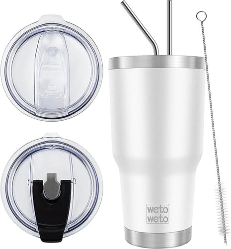 WETOWETO 30 oz Stainless Steel Tumbler, Insulated Coffee Tumbler Cup with 2 Lids and 2 Straws, Double Walled Travel Coffee Mug for Hot & Cold Drinks (White, 1 Pack)