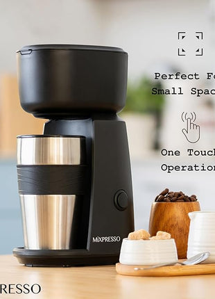 Mixpresso Personal Single Serve Coffee Maker & 14oz Travel Mug, Drip Small Coffee Maker & Tumbler, Auto Shut Off & Reusable Filter, Compatible with Coffee Grounds
