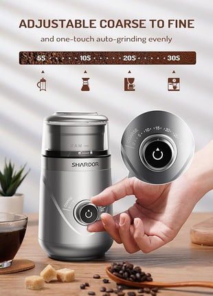 SHARDOR Electric Super Silent Blade Coffee Grinder, Timed Grind Control Rotary Knob, Adjustable Coarse to Fine for Coffee Beans, Spices & Herbs, with 1 Removable Stainless Steel Bowl, Sliver