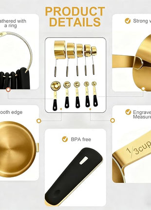 Measuring Cups and Spoons Set, Gold Electroplated Stainless Steel 10 Piece for Cooking and Baking (5 Cups + 5 Spoons Gold)