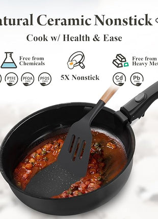 Ceramic Nonstick Cookware Set, Healthy,Non Toxic,17-Pieces Pots and Pans Set Removable Handles,Induction RV Kitchen Set,Stain & Scratch-resistant,Dishwasher/Oven Safe,PFAS/PFOA Free,Black