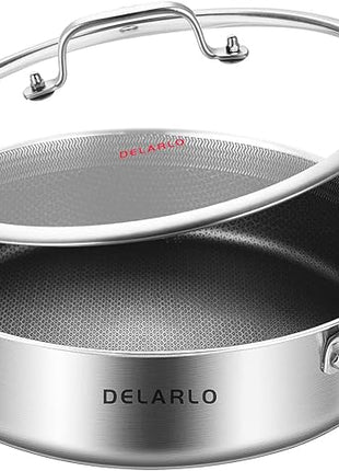 DELARLO Frying Pan,12 inch Skillet with lid,Tri-Ply Stainless Steel Saute Pan 6QT,Dishwasher-Friendly,Stay-Cool Handles,Oven-Safe Up to 660℉
