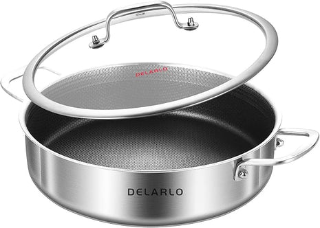 DELARLO Frying Pan,12 inch Skillet with lid,Tri-Ply Stainless Steel Saute Pan 6QT,Dishwasher-Friendly,Stay-Cool Handles,Oven-Safe Up to 660℉
