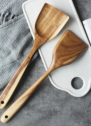 FJNATINH Large Wooden Wok Spatula, 13 Inch Natural Teak Long Handle Turner Coated Natural Resin, Handmade for Non-stick Cookware