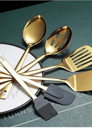 Gold Cooking Spoons, Berglander 6 Pieces Spatula Set Stainless Steel, Metal Spatula, Serving Spoon, Kitchen Tools Set Non-Stick And Heat Resistant, Dishwasher Safe, Easy to Clean (6 Packs)