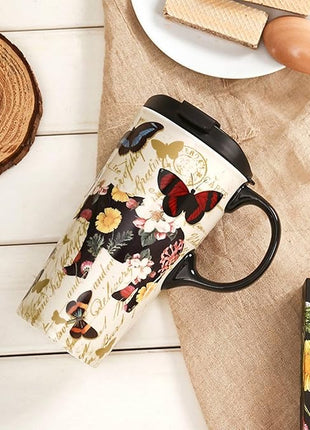Topadorn 17oz Ceramic Travel Coffee Mug with Sealed Lid Tea Cup with Color Box, Microwave & Dishwasher Safe Unique Mug, Holiday Gift Her Him, Flower & Butterfly