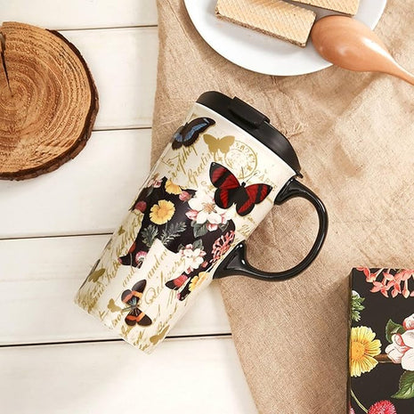 Topadorn 17oz Ceramic Travel Coffee Mug with Sealed Lid Tea Cup with Color Box, Microwave & Dishwasher Safe Unique Mug, Holiday Gift Her Him, Flower & Butterfly