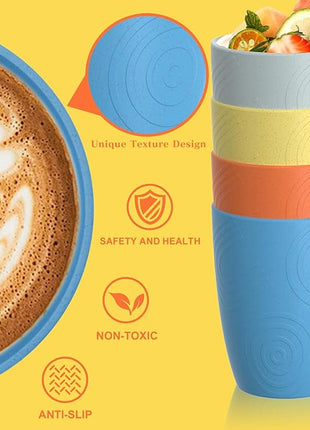 Homienly Kids Cups Premium Wheat Straw Cups Set of 4, Reusable Cups, Unbreakable Drinking Cup 12 OZ, Dishwasher and Microwave safe, Tumbler for Juice, Drinks, Milk - Beach Color