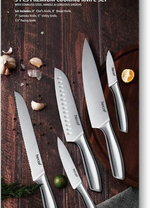hecef Silver Kitchen knife set of 5, Satin Finish Blade with Hollow Handle, includes 8" Chef, 8" Bread, 8" Santoku, 5" Utility and 3.5" paring knife