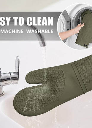 Rorecay 6pcs Oven Mitts and Pot Holders Sets for Kitchen, Extra Long Silicone Oven Gloves Heat Resistant 500 Degrees Non-Slip Potholders Hot Pads for Baking Cooking, Forest Night