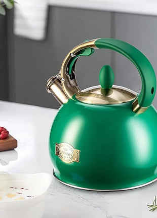SUSTEAS Stove Top Whistling Tea Kettle - Food Grade Stainless Steel Teakettle Teapot with Cool Touch Ergonomic Handle, With 1 Silicone Pinch Mitt Included, 2.64 Quart (Green)