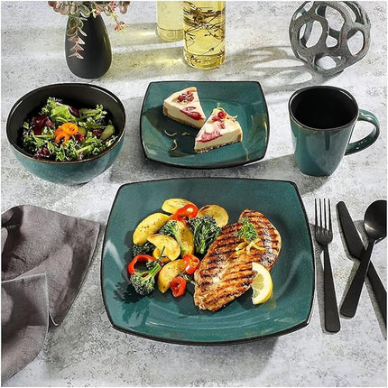 Gibson Elite Soho Lounge 16 Piece Reactive Glaze Dinnerware Set, Soft Square, Teal Green, Service for 4 (16pc)